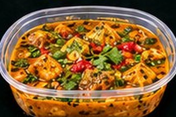 A dry curry in a takeaway tub
