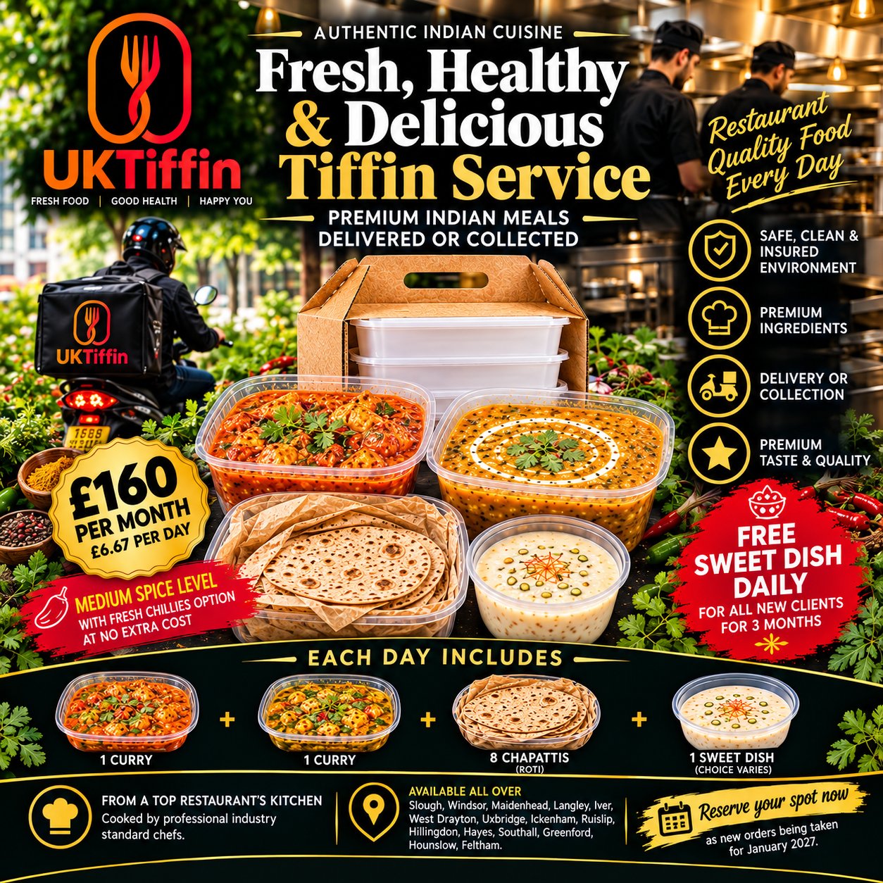 UK Tiffin poster showing two curries, chapattis and a sweet dish, priced at £160 per month