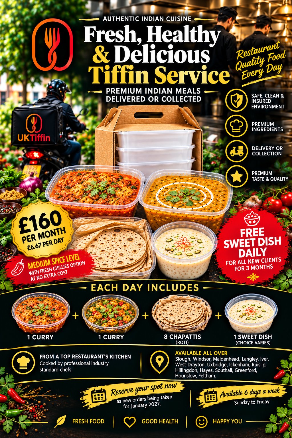 UK Tiffin poster: available 6 days a week, Sunday to Friday